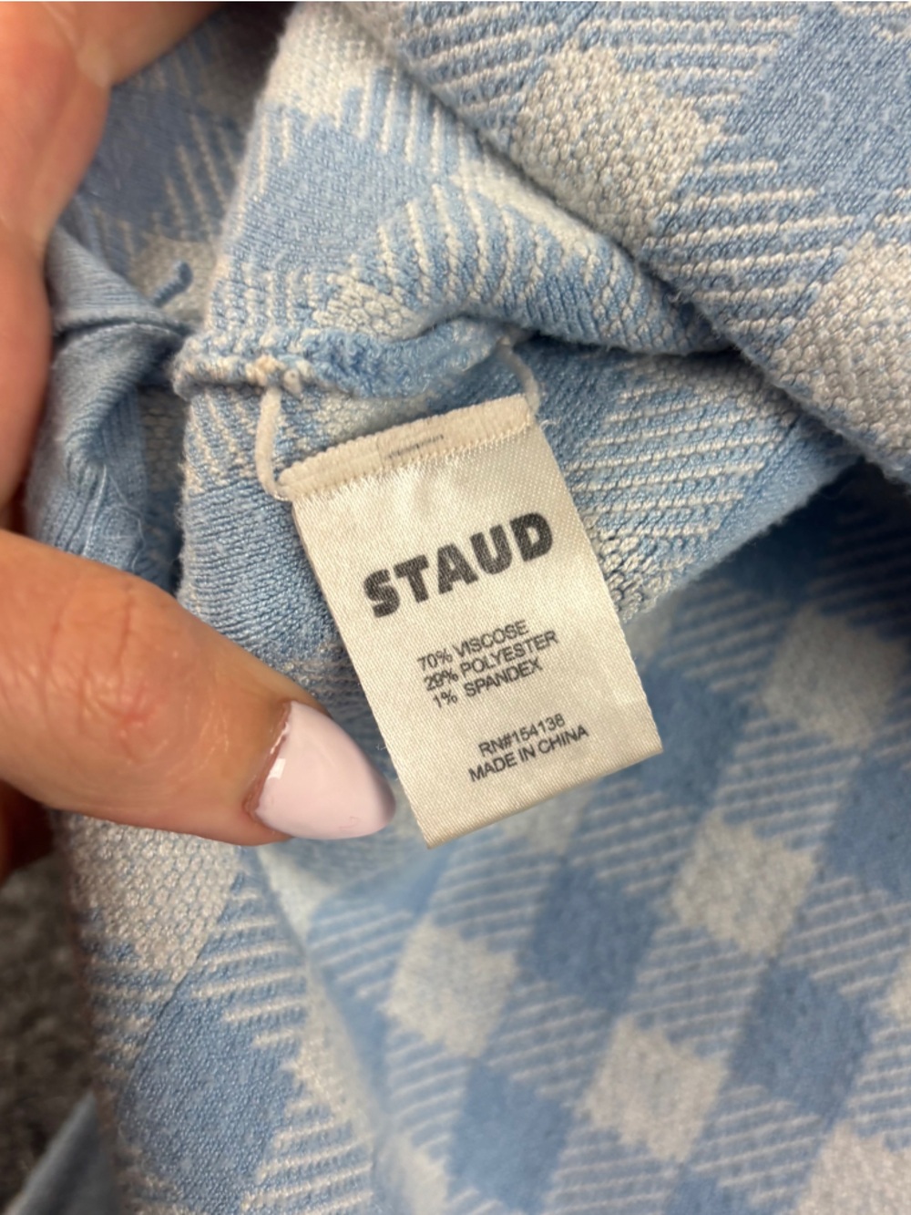 STAUD Women’s Blue/White Plaid Print Short Sleeve Midi Dress Mock Neck - Small - Picture 5 of 11